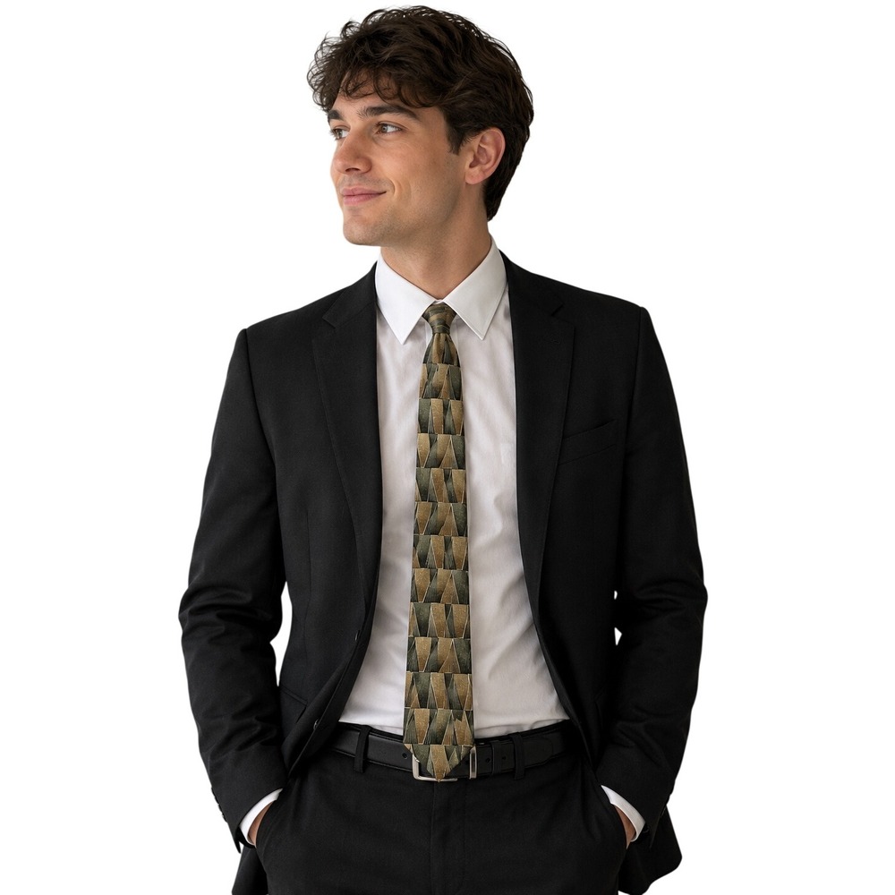Arrow USA 1851 Mens Silk Tie Olive Green Tan Geometric Abstract Pattern Necktie